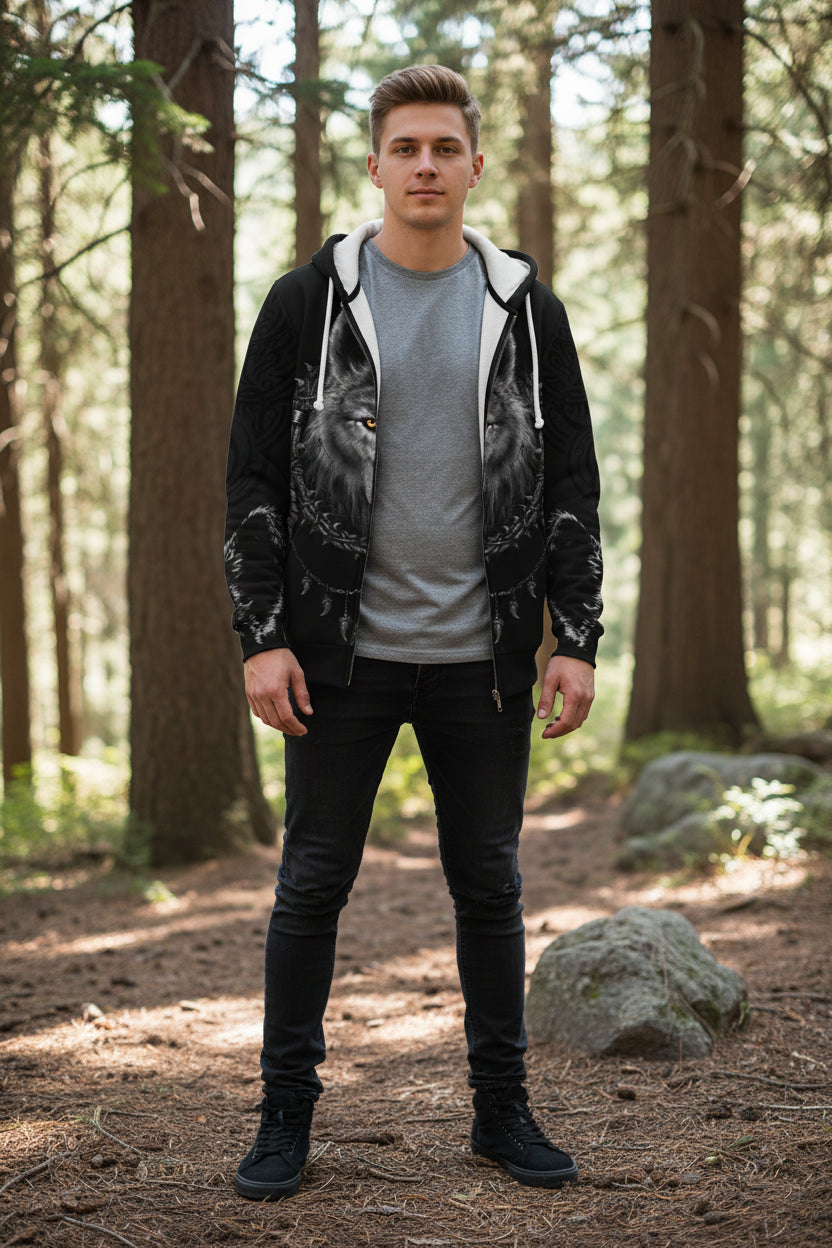 Black hoodie with a wolf design on a white background