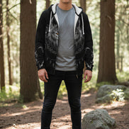 Black hoodie with a wolf design on a white background