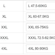 A size chart table showing weight ranges for sizes L, XL, XXL, XXXL, and 4XL in kg.