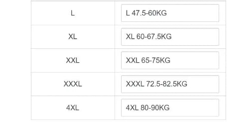 A size chart table showing weight ranges for sizes L, XL, XXL, XXXL, and 4XL in kg.