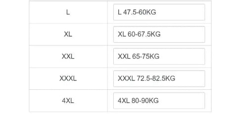 A size chart table showing weight ranges for sizes L, XL, XXL, XXXL, and 4XL in kg.