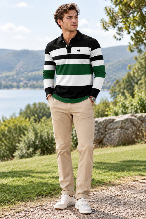 Black, white, and green striped long-sleeve polo shirt with a golf icon on a white background
