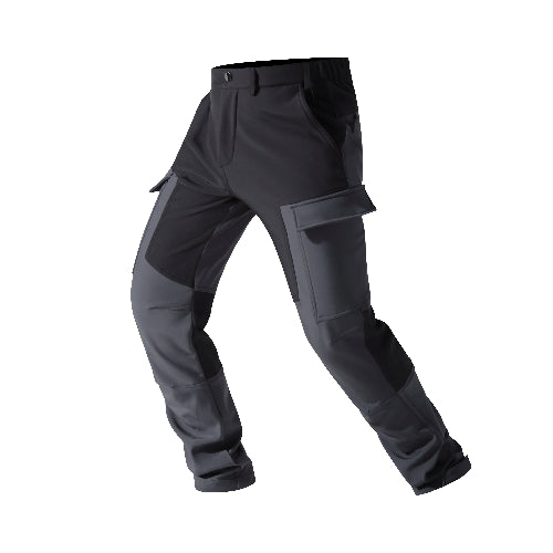 Black and gray cargo pants shown at an angle on a white background.