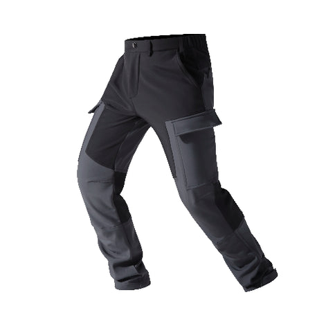 Black and gray cargo pants shown at an angle on a white background.