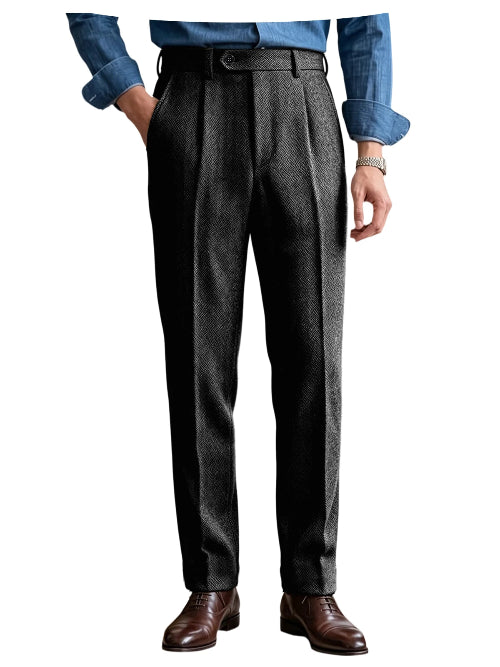 Black and white herringbone pleated suit trousers shown on a white background