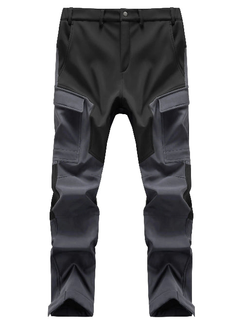Black and gray cargo pants shown flat from the front.