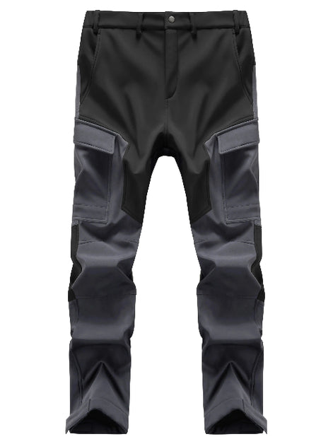 Black and gray cargo pants shown flat from the front.