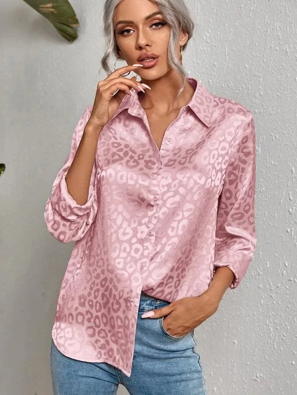 Women Leopard Print Luxury Blouse Spring Summer Long Sleeve Lapen Vintage Button Up Shirt Office Lady Satin Tunics Harajuku Top