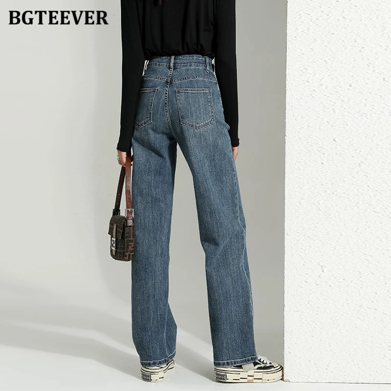 BGTEEVER Vintage Double Buttons Straight Jeans Pants Women Spring Autumn High Waist Loose Pockets Female Wide Leg Denim Trousers