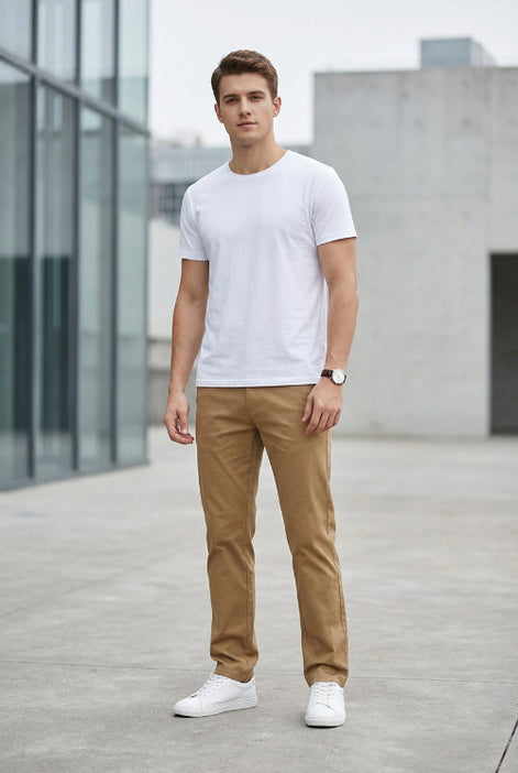 A person wearing tan straight-leg pants with white sneakers, shown from the waist down against a gray studio background.