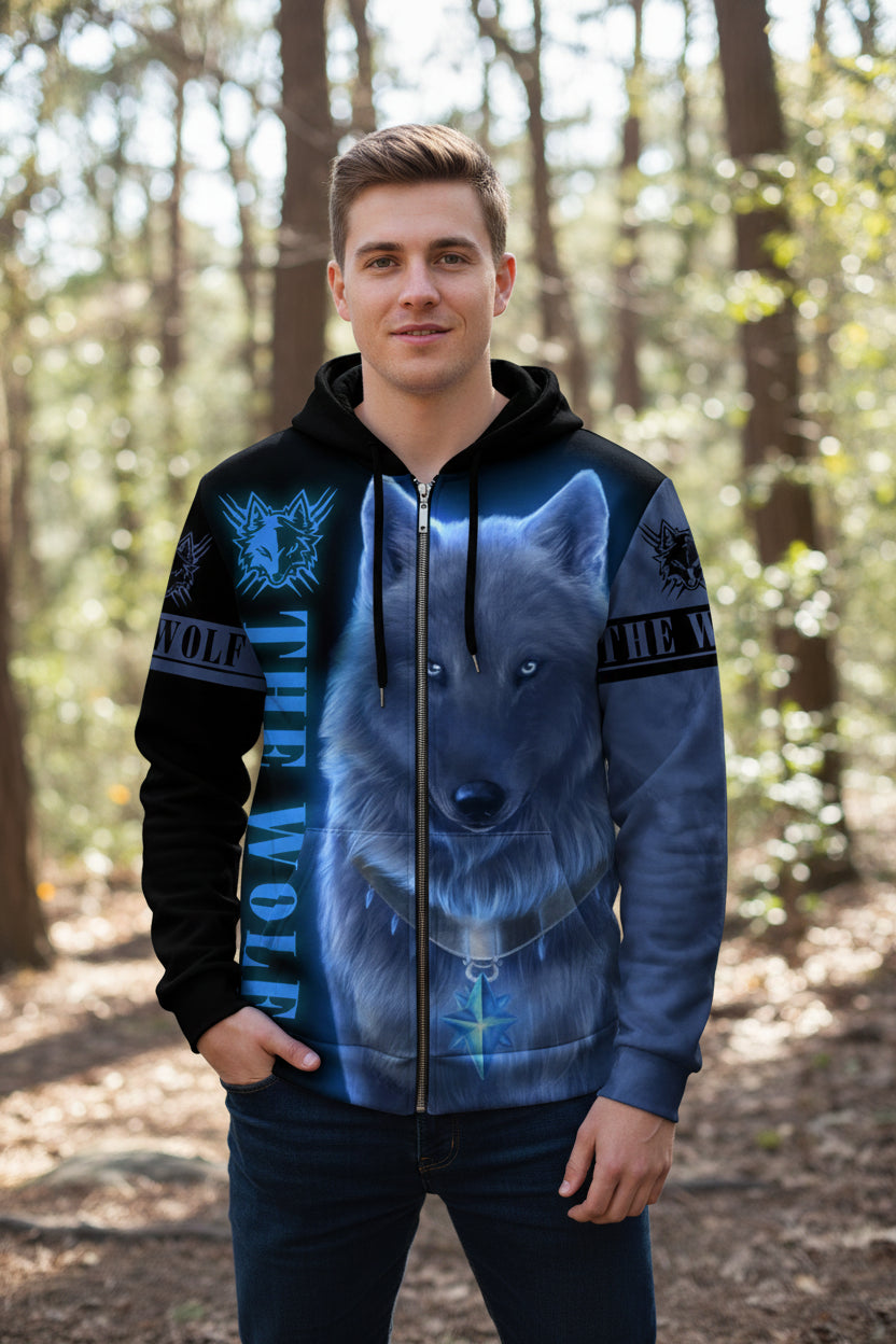 Hoodie with a wolf design and 'The Wolf' text on a white background