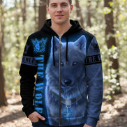 Hoodie with a wolf design and 'The Wolf' text on a white background