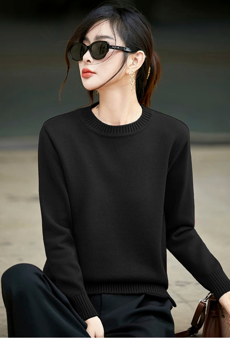 Women's autumn and winter 100% pure cotton knitted round neck soft pullover casual solid color warm sweater fashionable hot sell