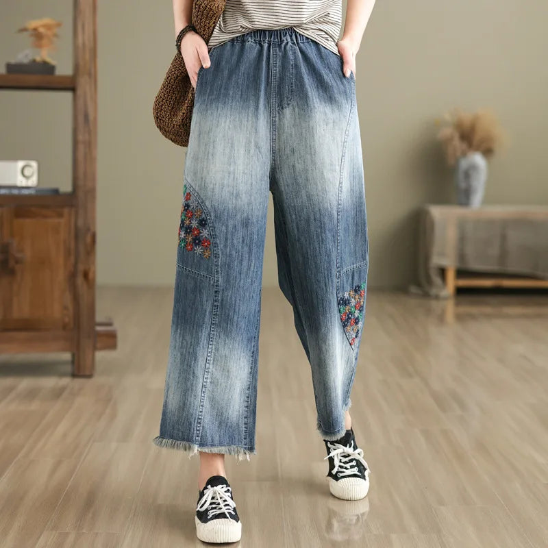 Spring Summer Ethnic Style Vintage Floral Embroidery Denim Wide Leg Pants Women High Elastic Waist Hole Casual Straight Jeans