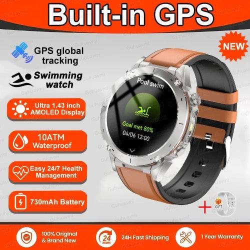 Smartwatch with brown and black band on a white background, featuring built-in GPS and various features.