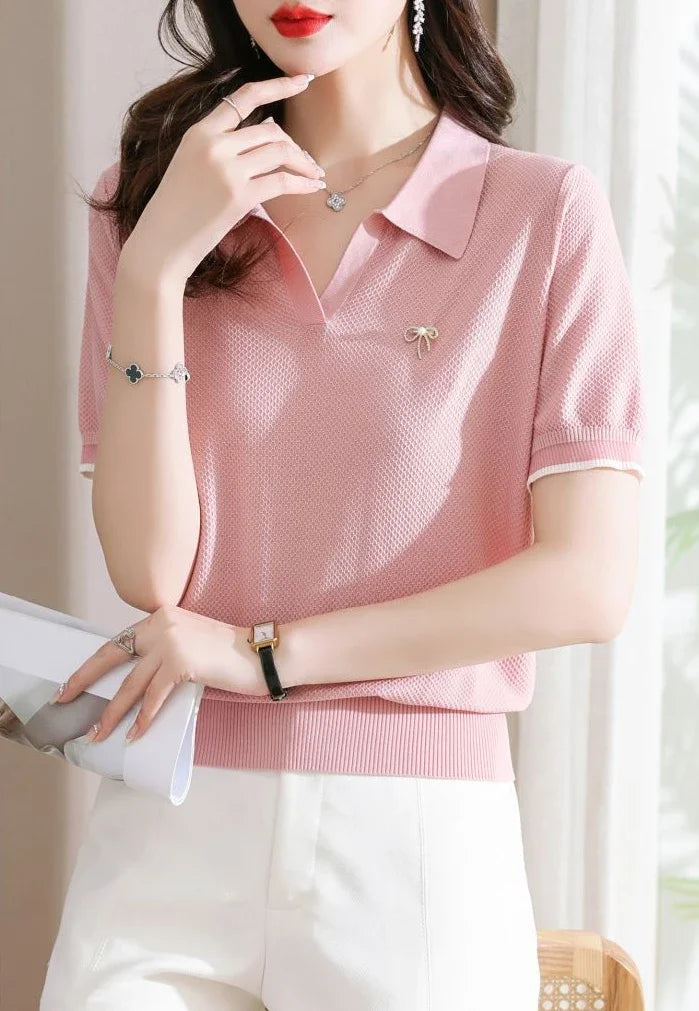 Female Tee Baggy Plain Knitted Cute T-shirts Kawaii Women's Polo Pulovers Offer Comfortable Summer 2025 with Collar New On