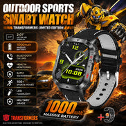 A Transformers-themed promotional graphic for a smartwatch. The watch is shown prominently in the foreground 