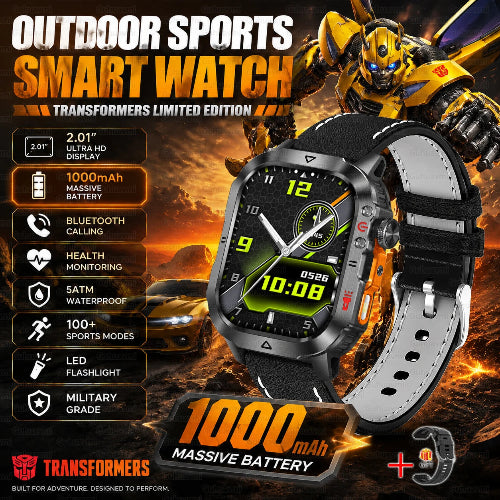 A Transformers-themed promotional graphic for a smartwatch. The watch is shown prominently in the foreground 