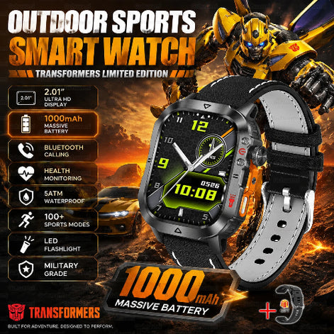 A Transformers-themed promotional graphic for a smartwatch. The watch is shown prominently in the foreground 