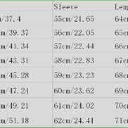Coat size chart for S through 5XL showing bust, sleeve length and garment length measurements in centimeters and inches