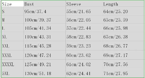 Coat size chart for S through 5XL showing bust, sleeve length and garment length measurements in centimeters and inches