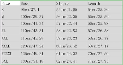 Coat size chart for S through 5XL showing bust, sleeve length and garment length measurements in centimeters and inches