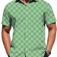 Man wearing a green and blue checkered shirt on a white background