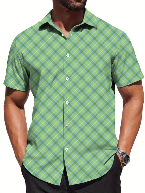 Man wearing a green and blue checkered shirt on a white background