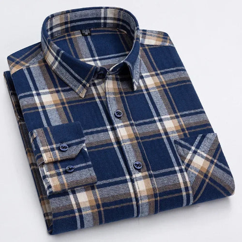 A folded long-sleeve plaid button-up shirt in navy blue with beige and white stripes, displayed on a clean white background.