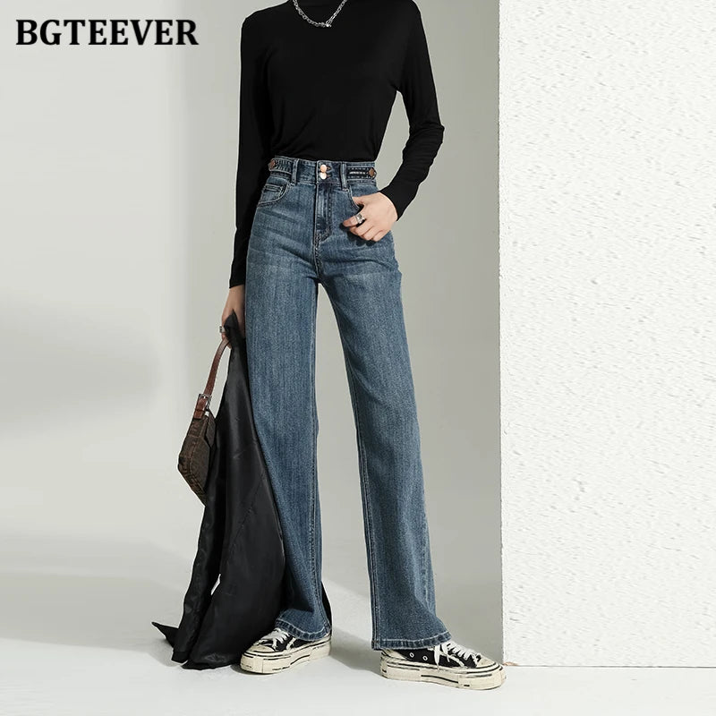BGTEEVER Vintage Double Buttons Straight Jeans Pants Women Spring Autumn High Waist Loose Pockets Female Wide Leg Denim Trousers