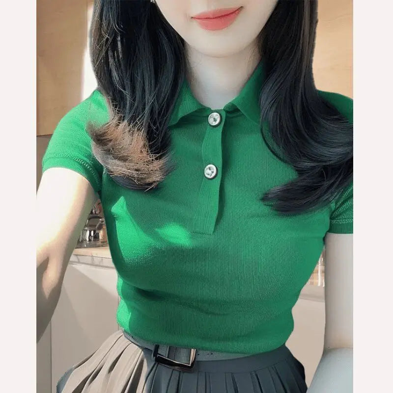 2026 Summer New Solid Color Short Sleeve Stylish Slim Fit Korean Style Polo Collar Hot Girl Top for Women