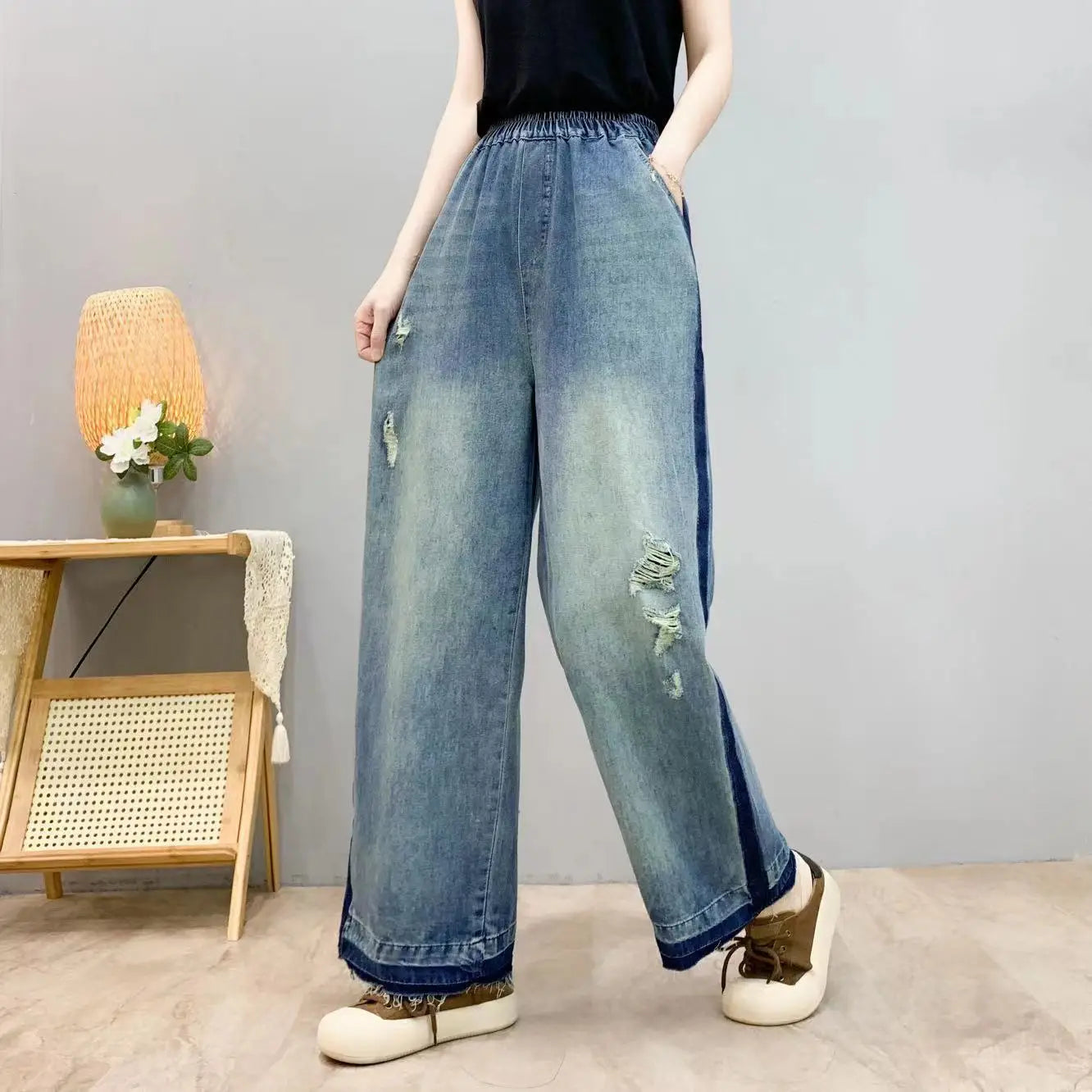 Spring Summer Ethnic Style Vintage Floral Embroidery Denim Wide Leg Pants Women High Elastic Waist Hole Casual Straight Jeans