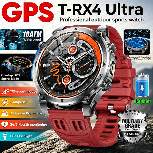 A rugged GPS watch labeled T-RX4 Ultra, shown prominently in the center with a red strap, silver metal case