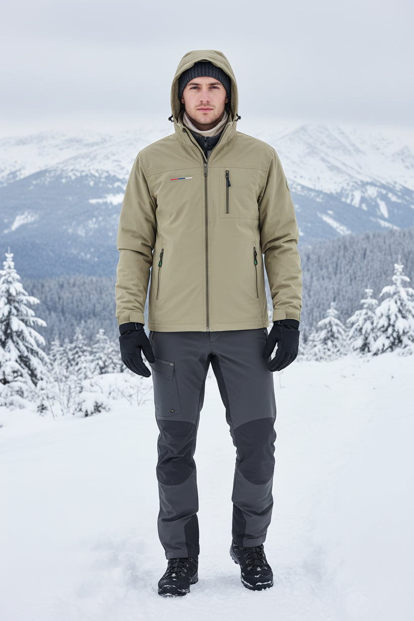 Beige jacket with a hood on a gray background