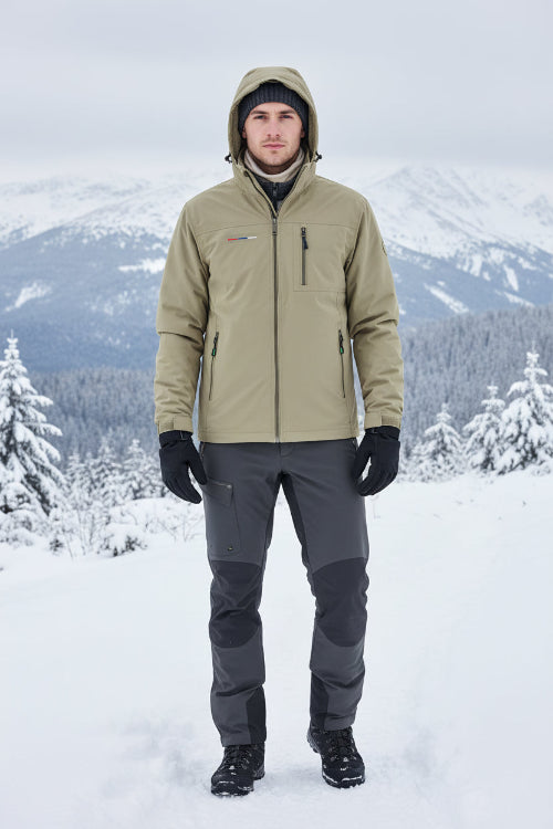Beige jacket with a hood on a gray background