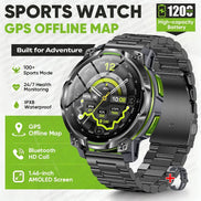 A rugged black sports watch with a metallic link band and bright green accents, shown on a white background with promotional text including 'GPS 