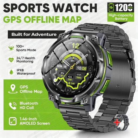 A rugged black sports watch with a metallic link band and bright green accents, shown on a white background with promotional text including 'GPS 