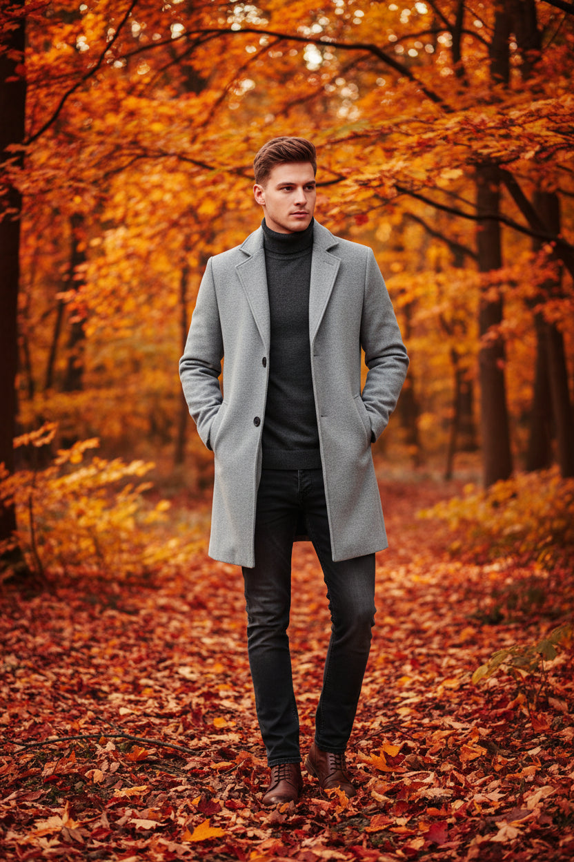 Gray coat with a brand label on a gray background