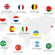 Map of the world with country flags and estimated travel time labels on a white background