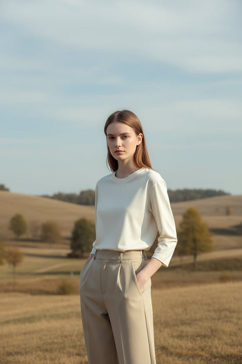 Person wearing a white long-sleeve shirt in a neutral setting