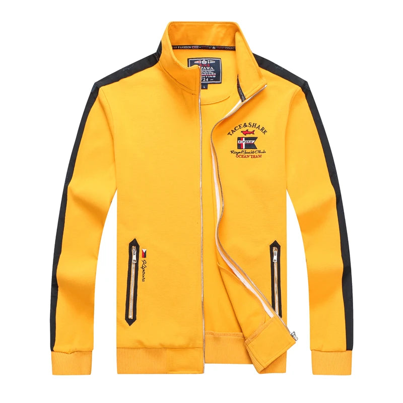 TACE&SHARK Fashion Brand Shark Solid Color Embroidery Jackets Zipper Turtleneck Men Pullovers Mens White Outerwear Clothing