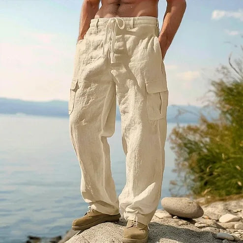 2026 New Amazon European and American men's linen solid color casual suit pants new fashion beach wide-leg trousers