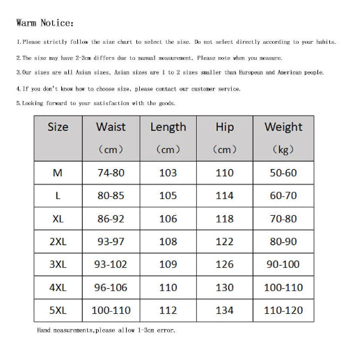 Size chart for clothing with waist, length, hip, and weight measurements.
