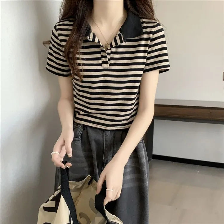 Chic V Neck Short Length Striped Short Sleeve Polo T Shirt For Women Summer 2026 New Niche Top