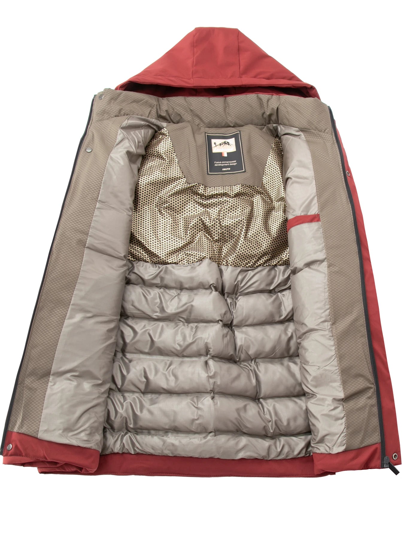 Back view of a puffer jacket with red hood and trim on a white background