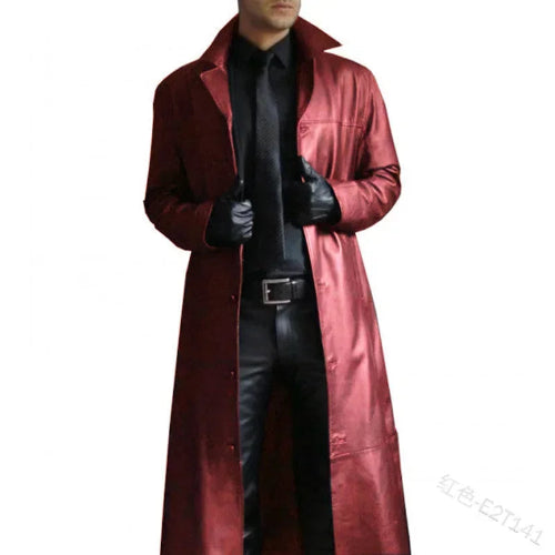 Red leather coat with black gloves and pants on a white background
