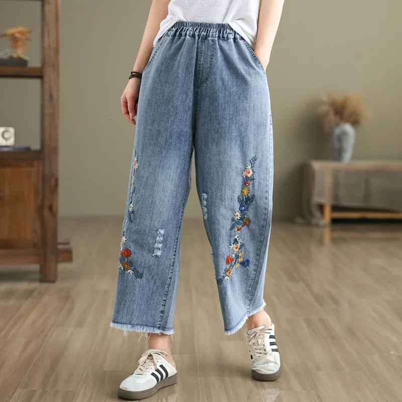 Spring Summer Ethnic Style Vintage Floral Embroidery Denim Wide Leg Pants Women High Elastic Waist Hole Casual Straight Jeans