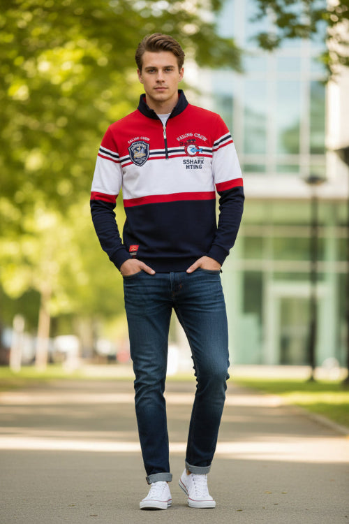 Red, white, and black striped long-sleeve shirt with brand label on a white background