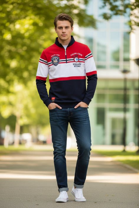 Red, white, and black striped long-sleeve shirt with brand label on a white background