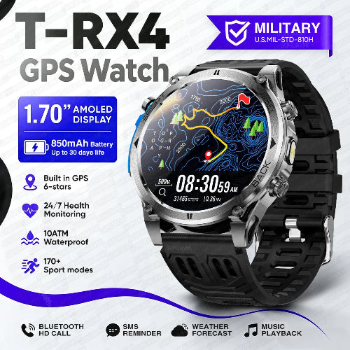 A silver and black T-RX4 GPS watch with a large 1.70-inch display, shown on a white background 